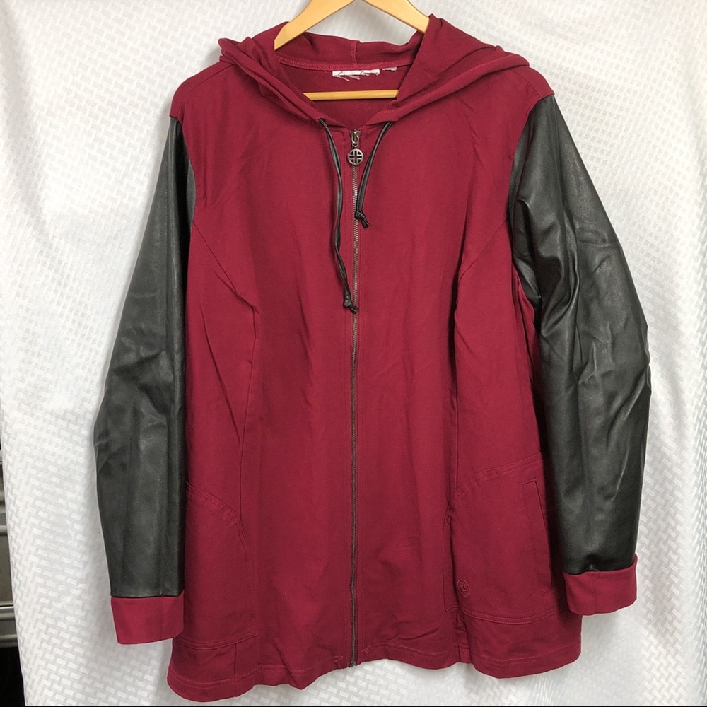 Linea Leisure by Louis Dell'Olio Zip Hoodie Faux Leather Sleeves, 2X Pomegranate - Picture 6 of 12